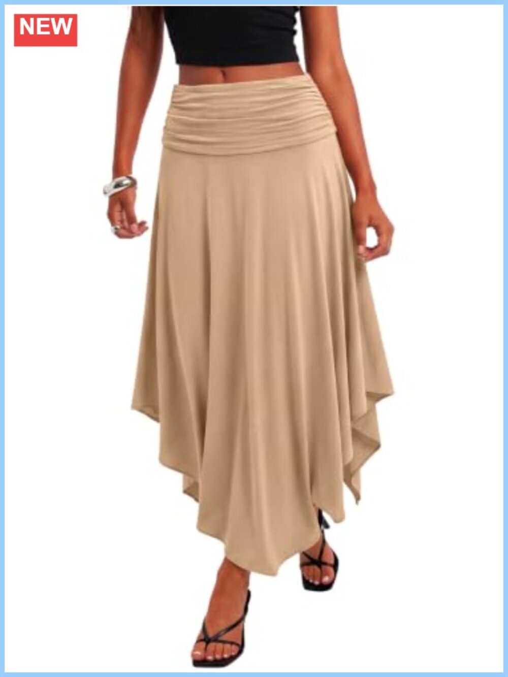 Boho Wrap Midi Skirt Ruched High Waist Ruffle Handkerchief Hem Summer